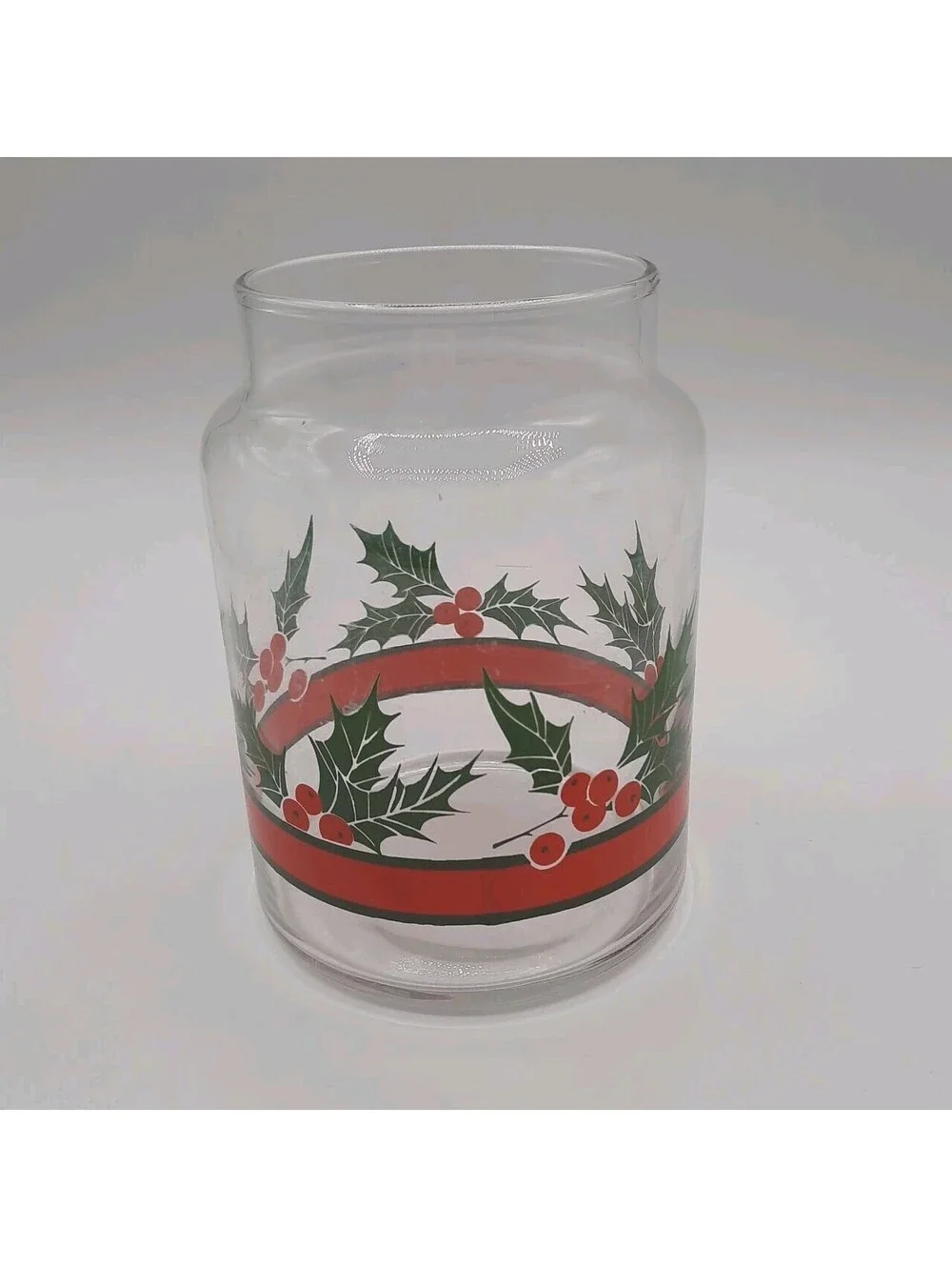 Christmas Holly & Berries Glass Canister Candy Jar Clear Glass No Lid